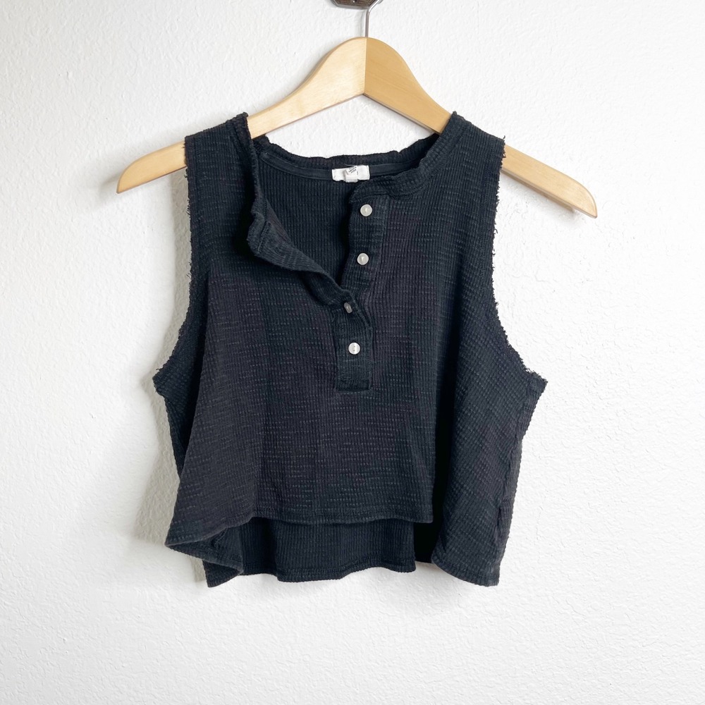 Aerie‎ Black Waffle Knit Henley Tank Top Sleeveless Raw Edge Crop XS